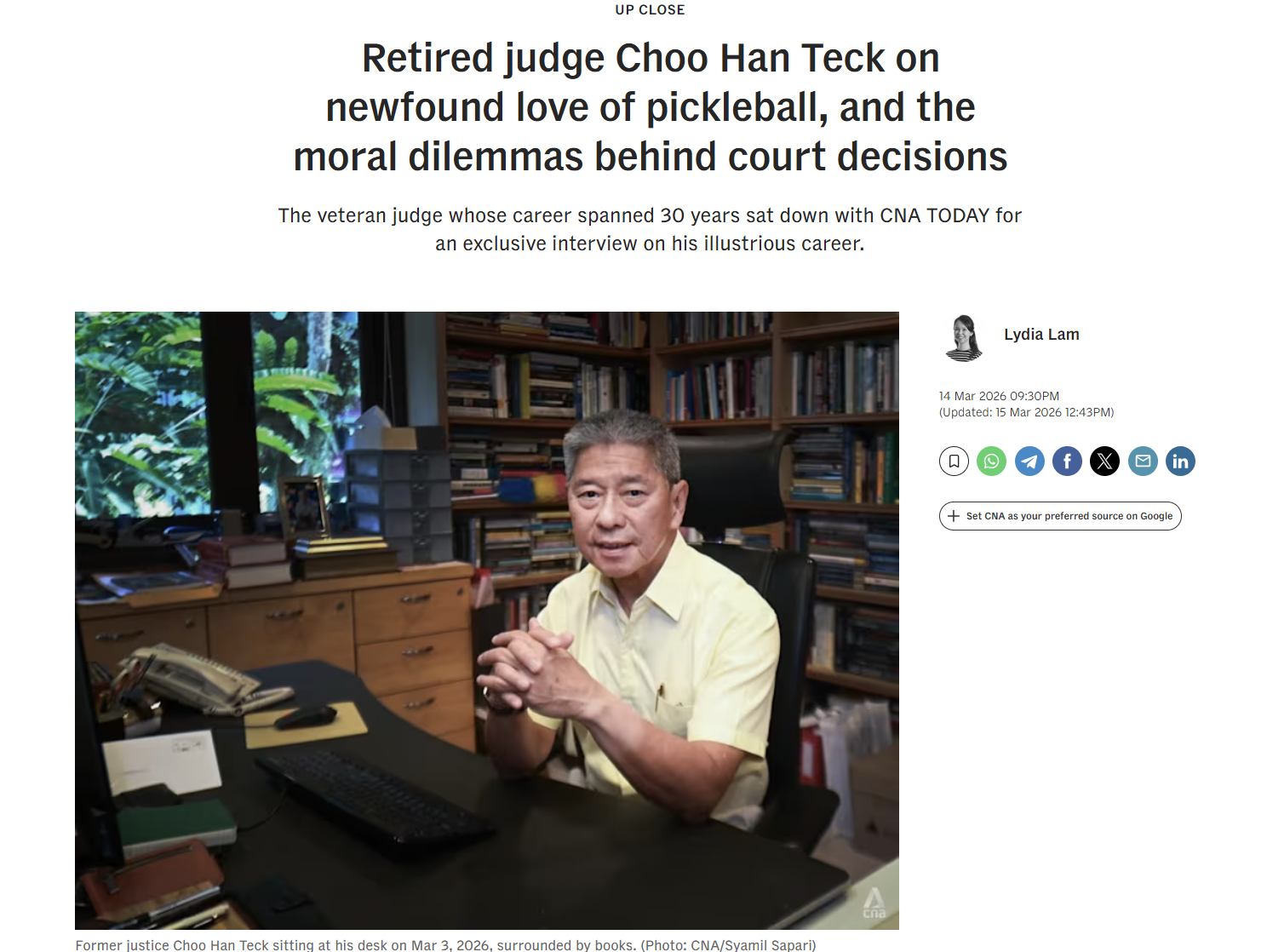 CNA Article - Retired Judge Choo Han Teck on newfound love of pickleball